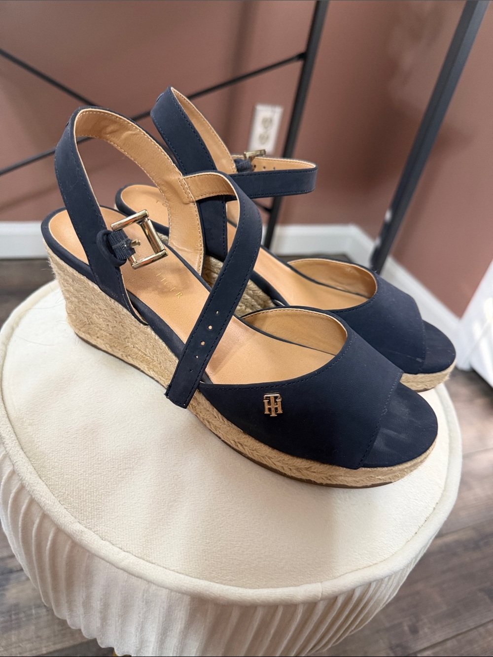 Tommy Hilfiger Navy Espadrille Wedge Sandals with Gold Logo